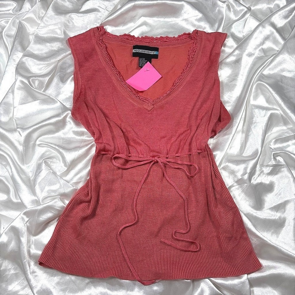 y2k Requirements Knit Top Pink Crochet Trim Empire Waist Drawstring